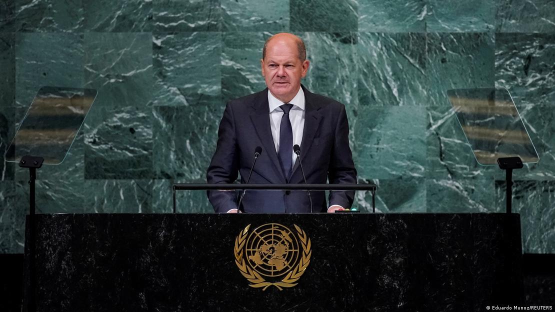 Ο καγκελάριος Σολτς στο βήμα της ΓΣ του ΟΗΕ το 2022