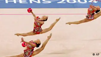 China's rhythmic gymnasts are shown during a training session at the 2004 Olympic Games in Athens, Tuesday, Aug. 24, 2004. (AP Photo/Vincent Yu)