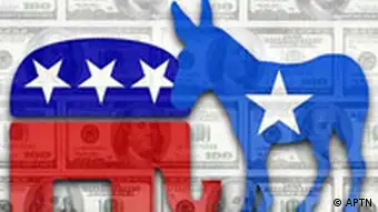 Montage of the Democratic donkey and Republican elephant superimposed on $100 bills