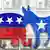 Democratic and Republican Party emblems against a dollar background