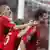 Gomez celbrating with team mates including Bastian Schweinsteiger