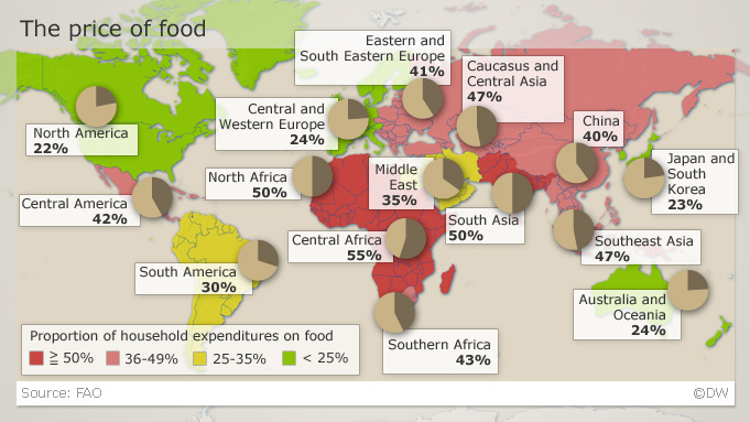 World map showing proportion of households expenditures that go to food