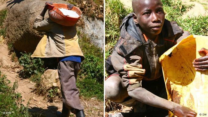 Black children in Congo carrying a basket full of mineral-rich earth 