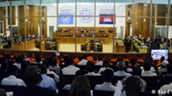 This photo released by Extraordinary Chambers in the Courts of Cambodia shows the court hall of the U.N.-backed war crimes tribunal during a trial for former Khmer Rouge top leaders, in Phnom Penh, Cambodia, Monday, Nov. 21, 2011. The three top Khmer Rouge leaders, Nuon Chea, Khieu Samphan and Ieng Sary, accused of orchestrating Cambodia's killing fields went on trial Monday before the tribunal more than three decades after some of the 20th century's worst atrocities. (AP Photo/Extraordinary Chambers in the Courts of Cambodia, Mark Peters) EDITORIAL USE ONLY