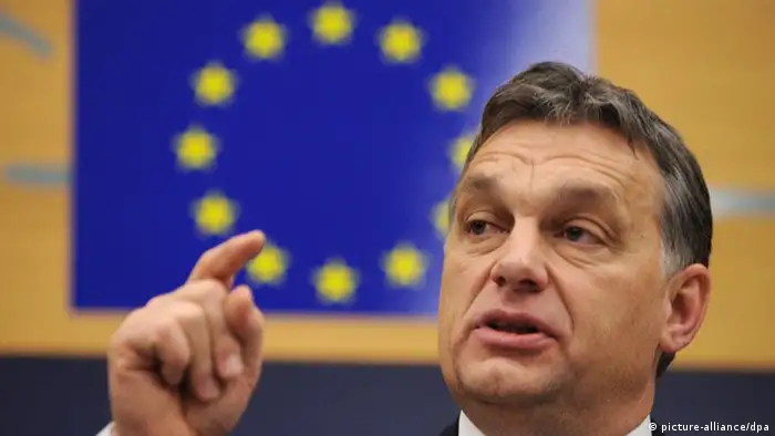 Hungarian Prime Minister Viktor Orban gestures during a media conference in the European Parliament in Strasbourg, France, 18 January 2012. Orban coolly acknowledged international concern over his domestic reforms, saying that fixing what led the European Union to launch high-profile legal proceedings against Budapest 'will not pose a problem.' EPA/PATRICK SEEGER +++(c) dpa - Bildfunk+++
