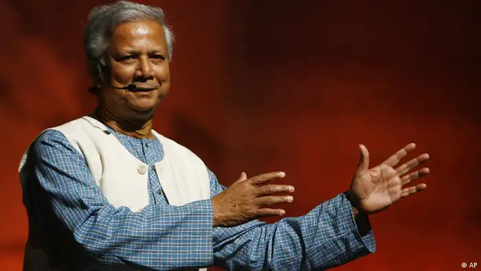 Nobel Peace Prize winner Muhammad Yunus speaks during a business forum in Athens on Wednesday, Oct. 3, 2007. Yunus Bangladeshi economist and the Grameen Bank he founded won the Nobel Peace Prize in 2006 for their pioneering use of tiny, seemingly insignificant loans microcredit to lift millions out of poverty. (AP Photo/Thanassis Stavrakis)