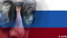 Man's face with 100 dollar bill reflected in sunglasses, in colors of Russian flag, partial graphic 1999/8/31