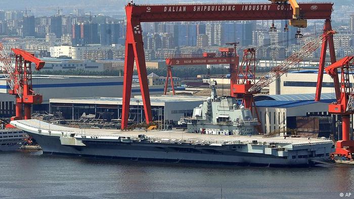 Chinese aircraft carrier docked at the port of Dalian in Liaoning province
