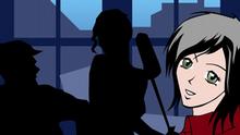 In einem Raum stehen drei Personen vor einem Fenster, Paula im Vordergrund. Im Hintergrund die Silhouette der Stadt.