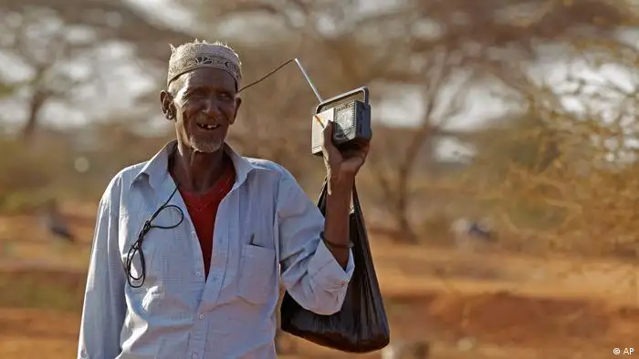 A man holds a radio in his hand