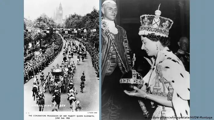 Bild links: Queen Elizabeth II's Coronation Procession approaching Big Ben, London, June 2 1953. Keine Weitergabe an Drittverwerter. Bild rechts: Coronation of Elizabeth II, Westminster Abbey, London, June 1953.
