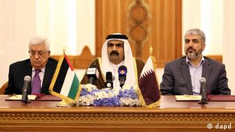 Emir of Qatar Sheikh Hamad Bin Khalifa Al-Thani and Palestinian President Mahmoud Abbas and Hamas leader Khaled Mashaal