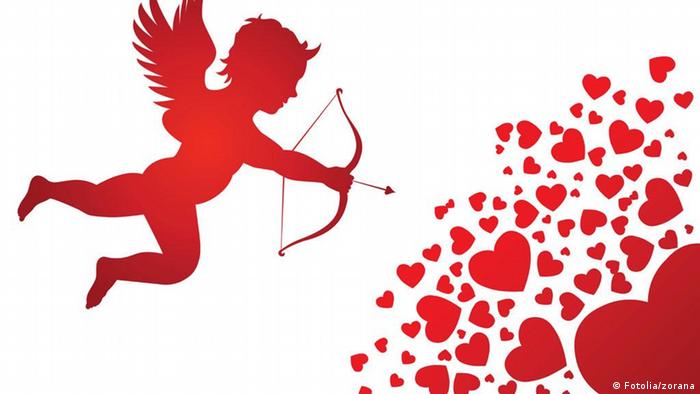 Cupid shooting his arrow into a bunch of hearts