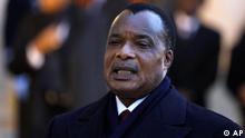 Republic of Congo President Denis Sassou Nguesso, addresses reporters following his meeting with French President Nicolas Sarkozy, at the Elysee Palace in Paris, Wednesday Feb. 8, 2012.(AP Photo/Remy de la Mauviniere)