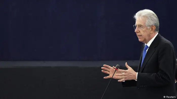 Italian Prime Minister Mario Monti addresses the European Parliament in Strasbourg, February 15, 2012. REUTERS/Vincent Kessler (FRANCE - Tags: POLITICS)