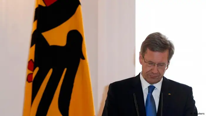 German President Christian Wulff makes a statement in the presidential residence Bellevue Palace in Berlin, February 17, 2012. Wulff resigned on Friday after state prosecutors asked parliament on Thursday to remove his legal immunity over accusations that he accepted favours. REUTERS/Tobias Schwarz (GERMANY - Tags: POLITICS)