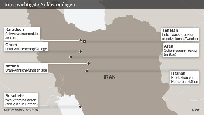 Irans wichtigste Nuklearanlagen --- DW-Grafik: Olof Pock/Per Sander 2012_02_21-Iran_Atomprogramm_L.psd
