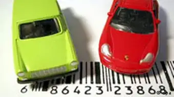 Toy cars on a bar code with the words Produced in China