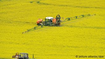 ARCHIV - Ein Traktor spritzt am 26.04.2011 bei Glauburg (Wetterau) Pflanzenschutzmittel auf ein Feld mit Winterraps. Vor dem Hintergrund der wachsenden Weltbevölkerung setzt der Chemiekonzern BASF milliardenschwere Hoffnungen in das Geschäft mit Pflanzenschutzmitteln. Der Umsatz mit Unkraut-, Pilz- und Schädlingsbekämpfung solle bis zum Jahr 2020 auf sechs Milliarden Euro ansteigen. Die Produkte des Konzerns sollen bisher vor allem die Erträge der Bauern erhöhen. Künftig soll auch die Umweltverträglichkeit mehr in den Fokus rücken. Foto: Arne Dedert dpa/lhe (zu dpa 0404 vom 08.11.2011) +++(c) dpa - Bildfunk+++