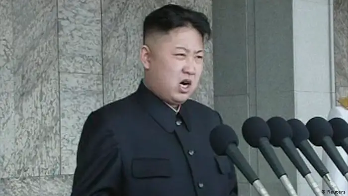North Korean leader Kim Jong-un speaks during a mass parade to celebrate founder Kim Il-sung's 100th birthday in Pyongyang in this still image taken from video April 15, 2012. Kim Jong-un led celebrations on Sunday to mark the centenary of the birth of his grandfather, the founder of the world's only Stalinist monarchy, Eternal President Kim Il-sung. REUTERS/KRT via Reuters TV (NORTH KOREA - Tags: MILITARY POLITICS ANNIVERSARY) FOR EDITORIAL USE ONLY. NOT FOR SALE FOR MARKETING OR ADVERTISING CAMPAIGNS. THIS IMAGE HAS BEEN SUPPLIED BY A THIRD PARTY. IT IS DISTRIBUTED, EXACTLY AS RECEIVED BY REUTERS, AS A SERVICE TO CLIENTS. NORTH KOREA OUT. NO COMMERCIAL OR EDITORIAL SALES IN NORTH KOREA