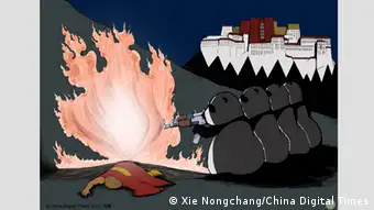 Karikaturen mit Tibet als Hauptthema. Erstellungsjahr ist 2012 ToKilltheSpiritofTibet.jpg Autor: Xie Nongchang Copyright: China Digital Times Rechte an Deutsche Welle werden durch Frau Su Yutong vollständig an Deutsche Welle übertragen. Entsprechende E-Mail Korrespondenzen liegen vor.