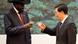 South Sudan President Salva Kiir Mayardit (L) and his Chinese counterpart Hu Jintao toast during a signing ceremony at the Great Hall of the People in Beijing April 24, 2012. Hu told Kiir on Tuesday that he hoped for calm and restraint between the two Sudans, state television reported. Kiir's visit to Beijing comes days after he ordered troops to withdraw from the oil-rich Heglig region after seizing it from Sudan, a move that brought the two countries to the brink of all-out war. REUTERS/Kazuhiro Ibuki/Pool (CHINA - Tags: POLITICS) South Sudan President Salva Kiir Mayardit (L) and his Chinese counterpart Hu Jintao toast during a signing ceremony at the Great Hall of the People in Beijing April 24, 2012. Hu told Kiir on Tuesday that he hoped for calm and restraint between the two Sudans, state television reported. Kiir's visit to Beijing comes days after he ordered troops to withdraw from the oil-rich Heglig region after seizing it from Sudan, a move that brought the two countries to the brink of all-out war. REUTERS/Kazuhiro Ibuki/Pool (CHINA - Tags: POLITICS)