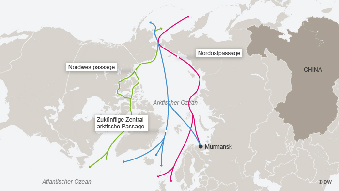 Karte zeigt die zwei bisherigen Routen, Nordost- und Nordwestpassage und die evtl. zukünftige Zentralarktische Passage. --- DW-Grafik: Peter Steinmetz