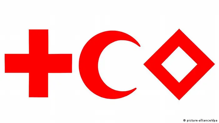 An illustration showing (L to R) the Red Cross, the Red Crescent and a red quadrangle, the so called red crystal, one of the proposals for a neutral emblem for the International Commitee of the Red Cross, which was presented in the year 2000 for the first time. After delegations of the Israeli aid organization Magen David Adom and of the Palestinian Red Crescent signed an agrement on Monday, November 28, 2005 in Geneva, Switzerland to pave the way for Magen David Adom's admission to the Red Cross movement, a diplomatic conference about the proposal of the new emblem the will be held on 5. and 6. December 2005 in Geneva with delegations of the States party to the Geneva Conventions. EPA/HANDOUT NO SALES, NO ARCHIVES +++(c) dpa - Bildfunk+++