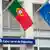 Die Flaggen von Portugal und der EU wehen am Montag (04.06.2012) in Berlin über einer Filiale der portugiesischen Bank Caixa Geral de Depositos. Nach Spanien muss jetzt auch Portugal die Banken mit staatlichen Mitteln stützen. Foto: Claudia Levetzow dpa/lbn +++(c) dpa - Bildfunk+++