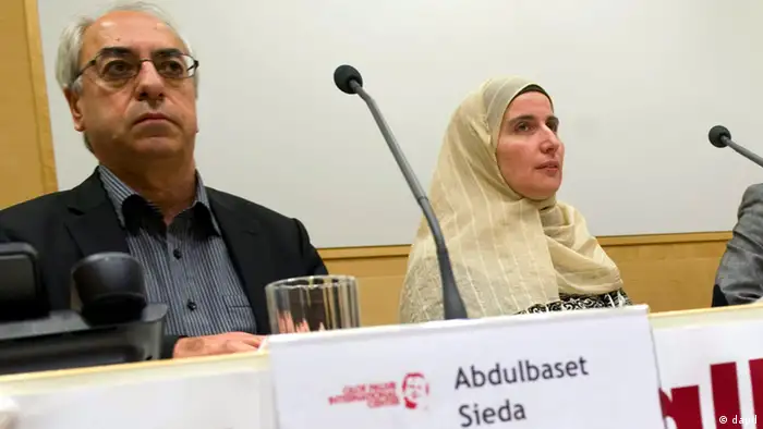 Abdulbaset Sieda, Ghied Al Hashmy, an unidentified translator and Faiez Sara are seen, left to right, during a news conference with the Syrian opposition in Stockholm, Sweden, Monday Oct. 10, 2011 following a gathered this weekend of the Syrian opposition at the Olof Palme center in Akersberga, north of Stockholm. The newly formed Syrian National Council says it has agreed on a democratic framework for a future Syria and wants international observers to be allowed into the country. (Foto:Fredrik Sandberg/Scanpix/AP/dapd) SWEDEN OUT