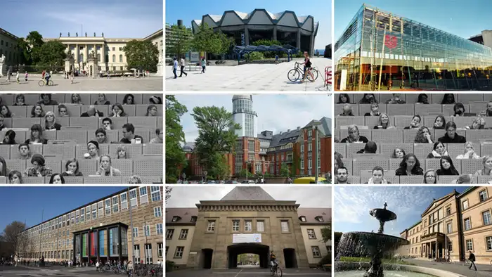 Die sieben Bewerberuniversitäten HU Berlin, Uni Bochum, Uni Bremen, TU Dresden, Uni Köln, Uni Mainz, Uni Rübingen