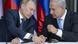 Russian President Vladimir Putin, left, speaks with Israeli Prime Minister Benjamin Netanyahu as they prepare to deliver joint statements after their meeting and a lunch in the Israeli leader's Jerusalem residence, Monday, June 25, 2012. Netanyahu says Russian President Vladimir Putin agrees that a nuclear Iran would pose a "grave danger" to the world. Netanyahu pressed for further sanctions on the Islamic Republic to quash its budding nuclear program. In statements after their meeting Monday, Putin acknowledged that the talks covered Iran and the uprising in Syria, but added that he saw negotiations as the only solution for such matters. (Foto:Jim Hollander, Pool/AP/dapd) Russian President Vladimir Putin, left, speaks with Israeli Prime Minister Benjamin Netanyahu as they prepare to deliver joint statements after their meeting and a lunch in the Israeli leader's Jerusalem residence, Monday, June 25, 2012. Netanyahu says Russian President Vladimir Putin agrees that a nuclear Iran would pose a "grave danger" to the world. Netanyahu pressed for further sanctions on the Islamic Republic to quash its budding nuclear program. In statements after their meeting Monday, Putin acknowledged that the talks covered Iran and the uprising in Syria, but added that he saw negotiations as the only solution for such matters. (Foto:Jim Hollander, Pool/AP/dapd)
