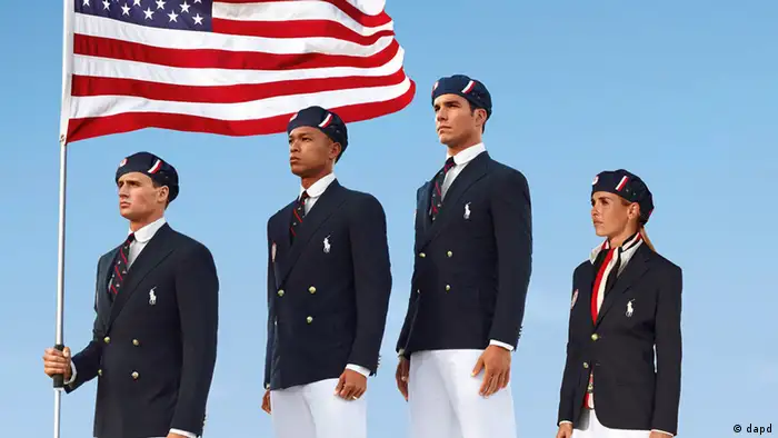 FILE - This product image released by Ralph Lauren shows U.S. Olympic athletes, from left, swimmer Ryan Lochte, decathlete Bryan Clay, rower Giuseppe Lanzone and soccer player Heather Mitts modeling the the official Team USA Opening Ceremony Parade Uniform. Republicans and Democrats railed Thursday, July 12, 2012 about the U.S. Olympic Committee's decision to dress the U.S. team in Chinese manufactured berets, blazers and pants while the American textile industry struggles economically with many U.S. workers desperate for jobs. (Foto:Ralph Lauren, File/AP/dapd)