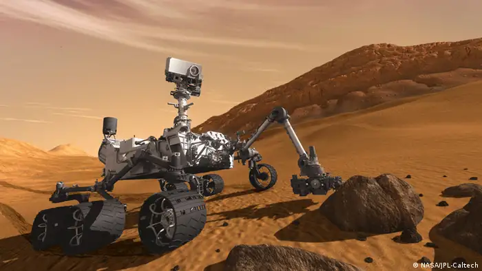 Curiosity - The Next Mars Rover This artist concept features NASA's Mars Science Laboratory Curiosity rover, a mobile robot for investigating Mars' past or present ability to sustain microbial life. Curiosity is being tested in preparation for launch in the fall of 2011. In this picture, the rover examines a rock on Mars with a set of tools at the end of the rover's arm, which extends about 2 meters (7 feet). Two instruments on the arm can study rocks up close. Also, a drill can collect sample material from inside of rocks and a scoop can pick up samples of soil. The arm can sieve the samples and deliver fine powder to instruments inside the rover for thorough analysis. The mast, or rover's head, rises to about 2.1 meters (6.9 feet) above ground level, about as tall as a basketball player. This mast supports two remote-sensing instruments: the Mast Camera, or eyes, for stereo color viewing of surrounding terrain and material collected by the arm; and, the ChemCam instrument, which is a laser that vaporizes material from rocks up to about 9 meters (30 feet) away and determines what elements the rocks are made of. NASA's Jet Propulsion Laboratory, a division of the California Institute of Technology, Pasadena, manages the Mars Science Laboratory Project for the NASA Science Mission Directorate, Washington. For more information about Curiosity is at http://mars.jpl.nasa.gov/msl/ . Image credit: NASA/JPL-Caltech