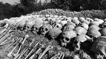 Skulls are seen in Phnom Penh in this April 17, 1981 photo. The authorities say the victims were tied together by rope - seen in this photograph - before being executed by followers of Premier Pol Pot who was ousted from Power in early 1979. Drama depicting the killing fields revisit Cambodia under Khmer Rouge rule in a play will be staged Friday, Jan. 7, 2005 by some 80 fine arts students to mark the radical movement's ouster from power 26 years ago. (ddp images/AP Photo/D. Gray,)
