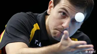 Timo Boll of Germany competes against Leung Chu Yan of Hong Kong in the men's team table tennis bronze medal match at the 2012 Summer Olympics, Wednesday, Aug. 8, 2012, in London. (Foto:Sergei Grits/AP/dapd)