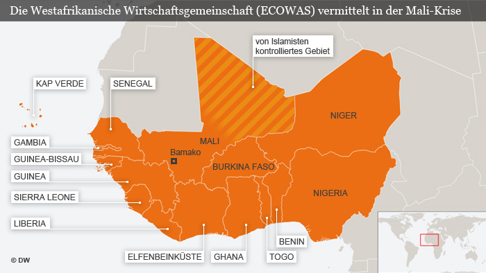 Karte ECOWAS die Westafrikanische Wirtschaftsgemeinschaft