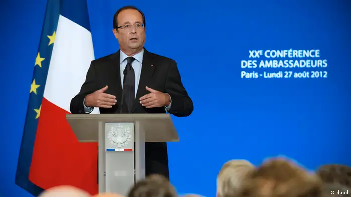 France's President Francois Hollande, gestures as he speaks to France's ambassadors at the Elysee Palace, Monday, Aug. 27, 2012. President Francois Hollande presented his foreign policy goals to France's ambassadors, with the Syrian crisis and terrorism in Africa's Sahel region on the agenda. (AP Photo/Bertrand Langlois, Pool)