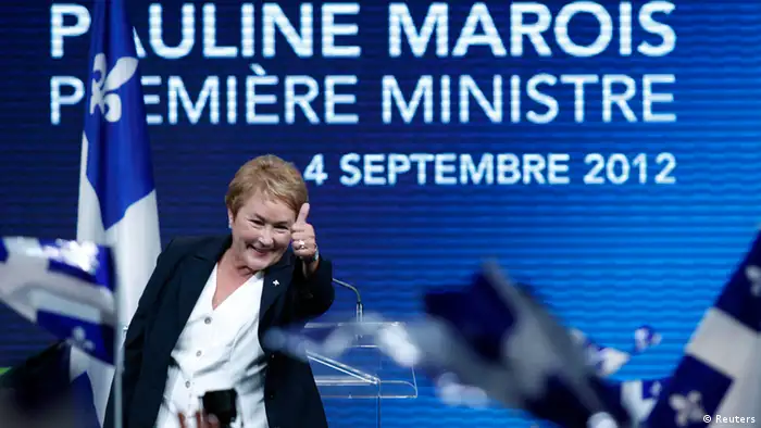 Parti Quebecois leader Pauline Marois addresses party supporters after winning a minority government in the Quebec provincial election in Montreal, Quebec, September 4, 2012. REUTERS/Christinne Muschi (CANADA - Tags: POLITICS ELECTIONS)