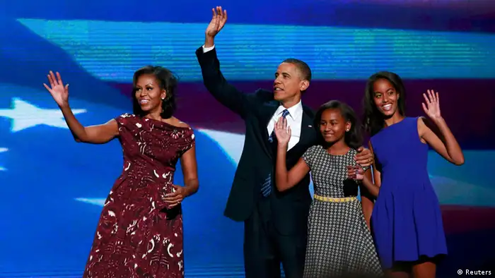 U.S. President Barack Obama is joined onstage by first lady Michelle Obama and his daughters Sasha (2nd R) and Malia (R) after accepting the 2012 U.S Democratic presidential nomination during the final session of the Democratic National Convention in Charlotte, North Carolina, September 6, 2012. REUTERS/Adrees Latif (UNITED STATES - Tags: ELECTIONS POLITICS)