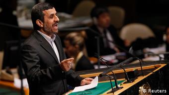 Iranian President Mahmoud Ahmadinejad speaking before the UN; previously, he and his regime had warned that Sharp was planning a 'velvet revolution' in the country Copyright: REUTERS/Shannon Stapleton