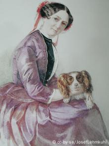 Minna Wagner mit Hund Peps, Aquarell von Clementine Stockar-Escher, Zürich 1853