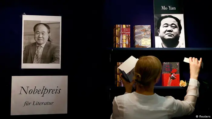 Books of Chinese writer Mo Yan are on display during the book fair in Frankfurt, October 11, 2012. Mo Yan won the 2012 Nobel prize for literature on October 11, 2012 for works which the awarding committee said had qualities of hallucinatory realism. The world's largest book fair runs from October 9 to October 14 and features the literature of New Zealand as its guest of honour. REUTERS/Ralph Orlowski (GERMANY - Tags: MEDIA SOCIETY)
