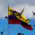 Tauben fliegen am 20. Juli, dem kolumbianischen Unabhängigkeitstag, um eine im Wind wehende kolumbianische Flagge (Foto: AFP)