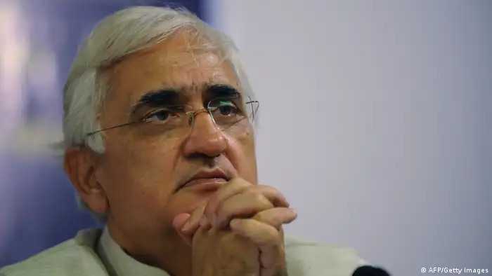 Indian Union Minister for Law and Justice, Salman Khurshid gestures during an interaction with Gujarat media representatives at the Ahmedabad Management Association (AMA) in Ahmedabad on June 13, 2012. In a first of its kind initiative, the Group of Union Ministers addressed a press conference in Ahmedabad covering various issues. AFP PHOTO / Sam PANTHAKY (Photo credit should read SAM PANTHAKY/AFP/GettyImages)