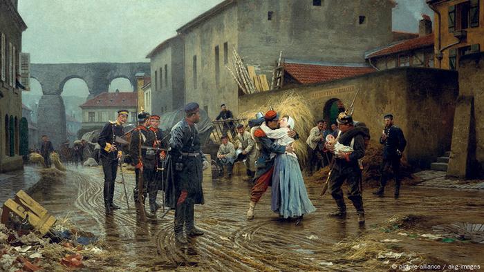 This painting by Anton von Werner shows a French soldier taking leave from his wife. Their infant is held by a German musketeer.