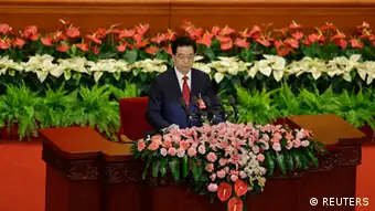Chinese President Hu Jintao delivers a speech during the opening ceremony of 18th National Congress of the Communist Party of China at the Great Hall of the People in Beijing, November 8, 2012. China's outgoing President Hu said the nation faced risk and opportunity in equal measure as he formally opened a congress of the ruling Communist Party that will usher in a once-in-a-decade leadership change. REUTERS/Jason Lee (CHINA - Tags: POLITICS)