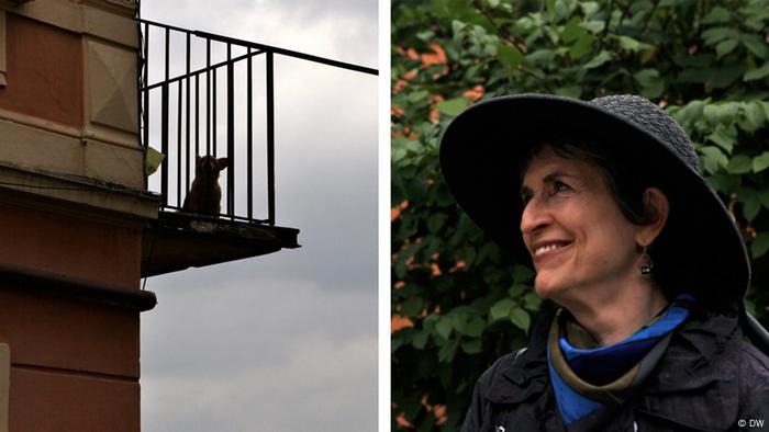 Bildmontage: Irene Silberblatt schaut auf einen Balkon in Czernowitz (Fotos: DW/Birgit Görtz)