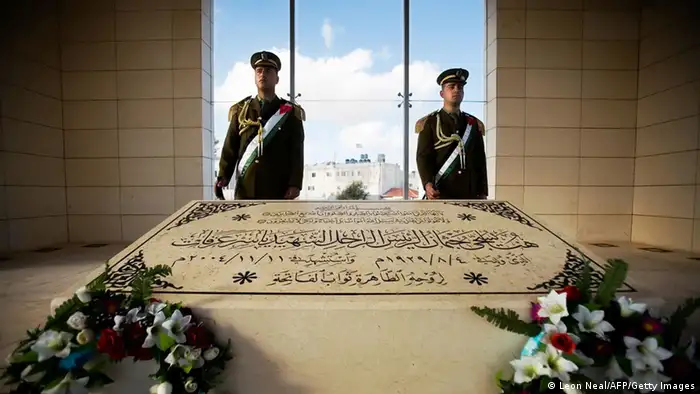 Honour guards stand at the mausoleum of former Palestinian leader Yasser Arafat in the West Bank city of Ramallah on January 29, 2009. AFP PHOTO/LEON NEAL (Photo credit should read Leon Neal/AFP/Getty Images)