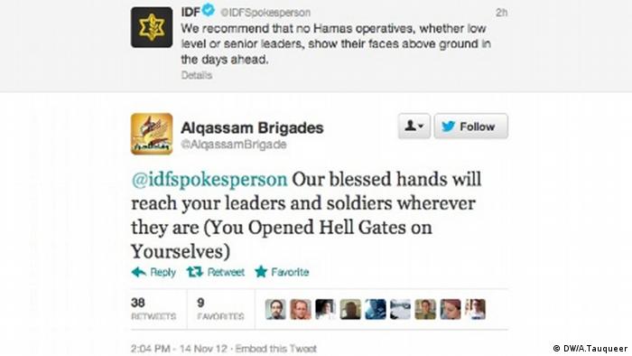 A screen shot with tweets from Israeli Defense Forces and the Hamas Al Qassam brigade